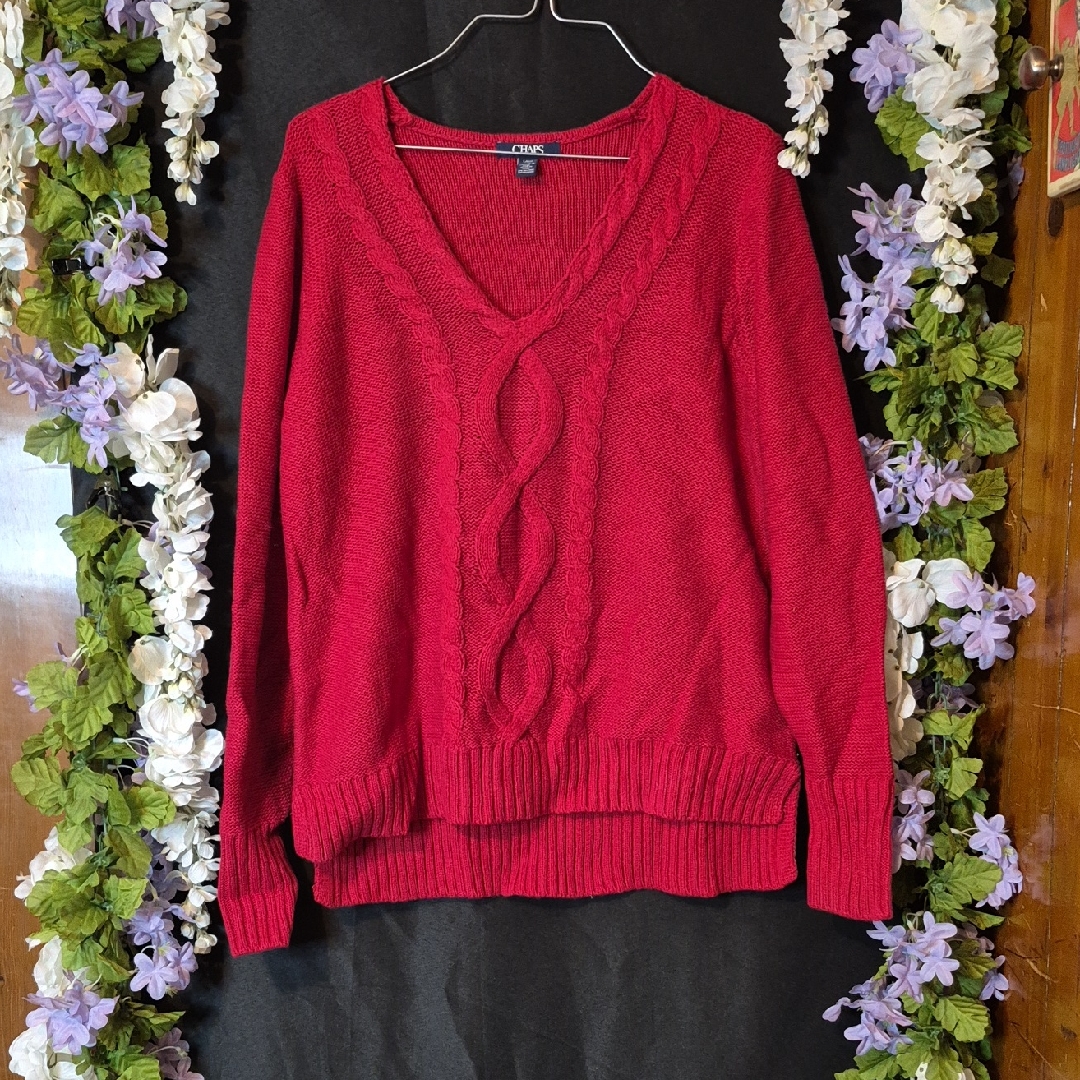 Chaps Red V-Neck Cable Knit Sweater